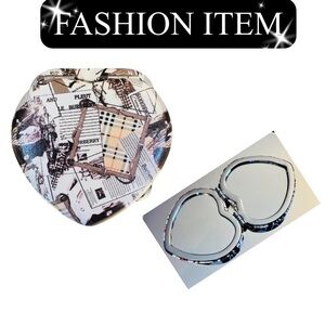 COMPACT MIRROR: Heart-Shaped White, Black, Beige, & Red w/Newspaper Design, NWOT